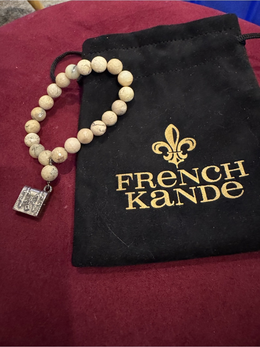 French Kande Beige Natural Stone Beaded Bracelet with Silver Charm